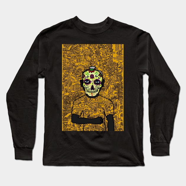 11 NFT: MaleMask Art with Mexican Eyes, Blue Skin, and Unique Doodle Background Long Sleeve T-Shirt by Hashed Art